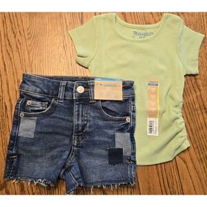 NWT Thereabouts Girls Green Waffle Tee & Denim Patchwork Shortie Shorts Size 4/5